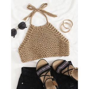 Boho Crochet Halter Tie Back Crop Knit Top tan